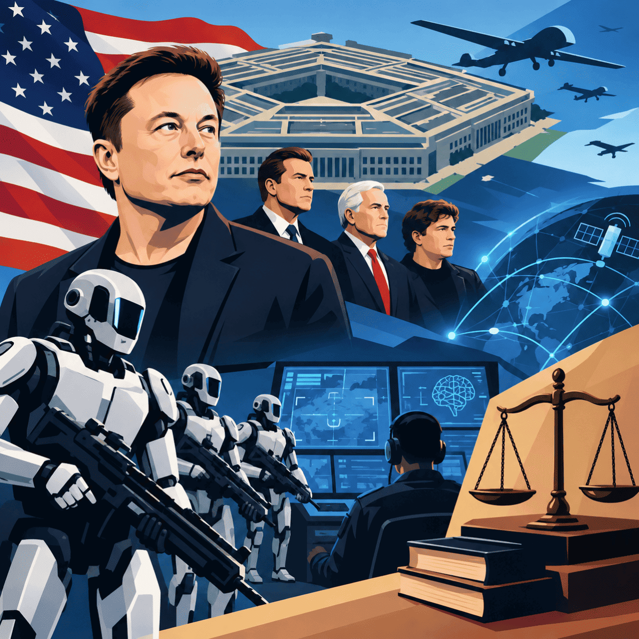 Ilustrasi Pentagon, Elon Musk, robot tempur, drone, kecerdasan buatan, satelit, dan simbol hukum dalam perang masa depan