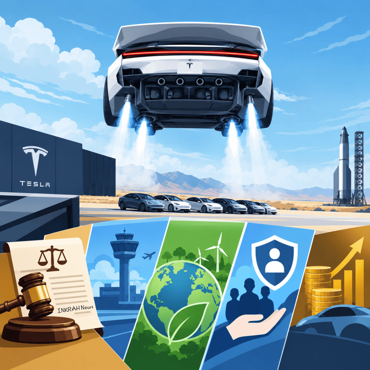 Futuristic Tesla Roadster hovering above a test track with glowing thrusters, surrounded by electric cars, a launch tower and illustrations representing law, aviation, environmental protection and finance.