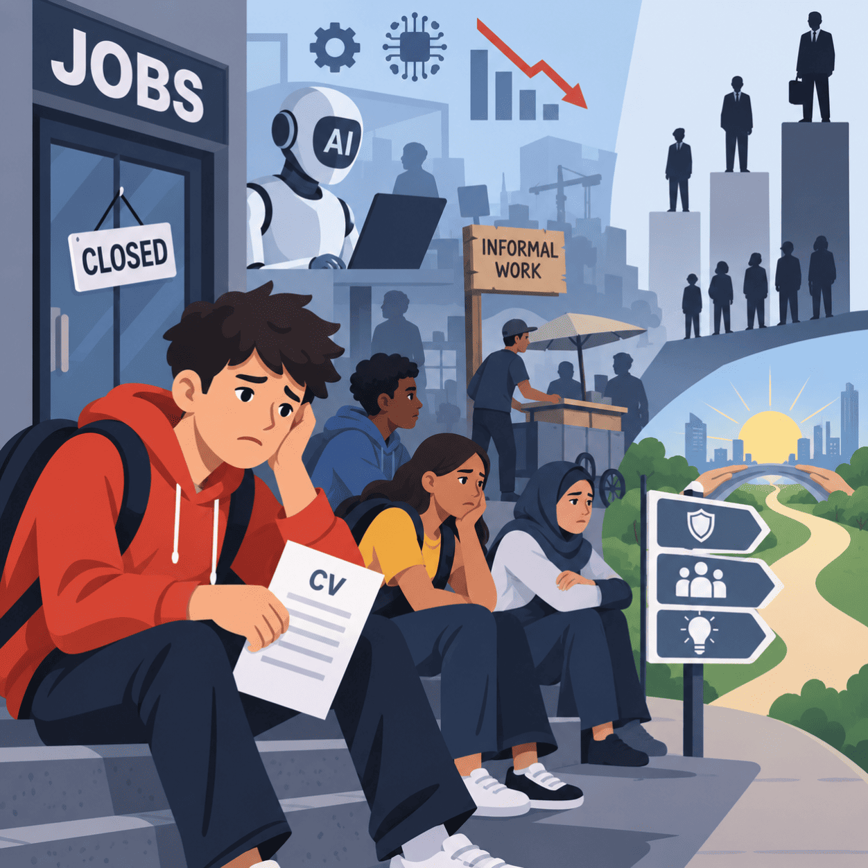 Young job seekers with CVs facing AI automation and limited employment opportunities in a global labour market crisis.