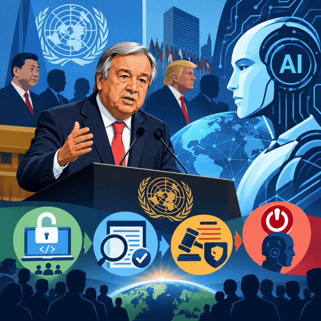 Antonio Guterres addresses the UN as a looming AI system highlights the need for global oversight and accountability.