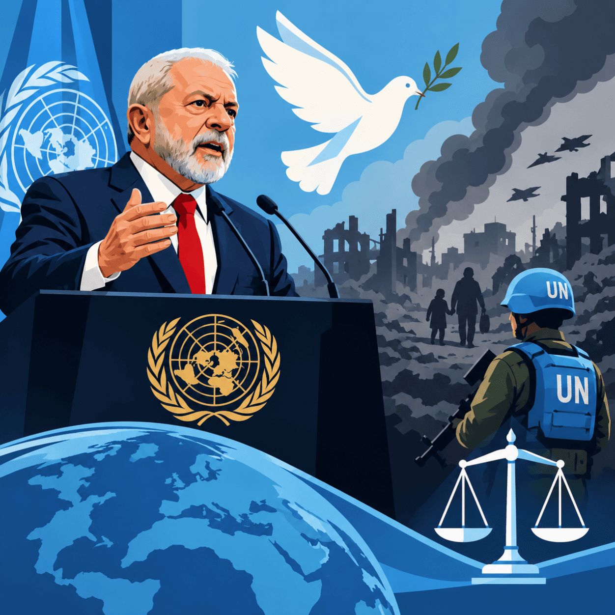 Illustration of Lula speaking at the UN with a peacekeeper, dove, globe and war-torn city