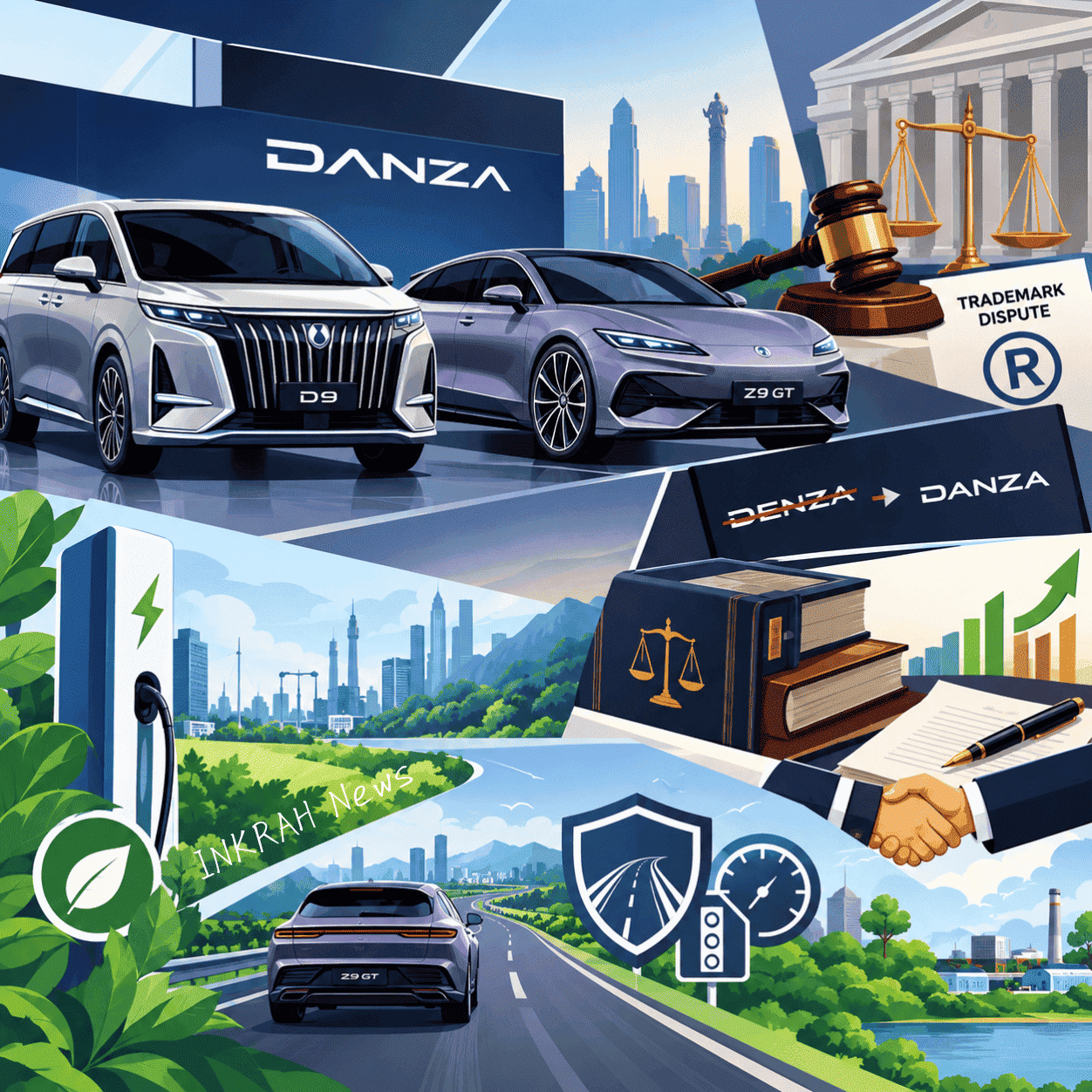 Danza electric vehicles alongside symbols of a trademark dispute, environmental sustainability, business, and road safety in Indonesia