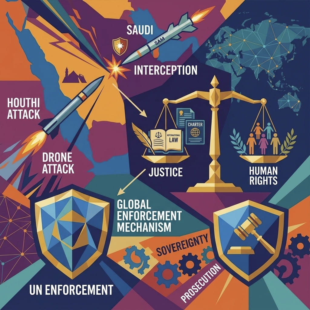 Representing cross-border military action, international law, human rights, and legal prosecution mechanisms.