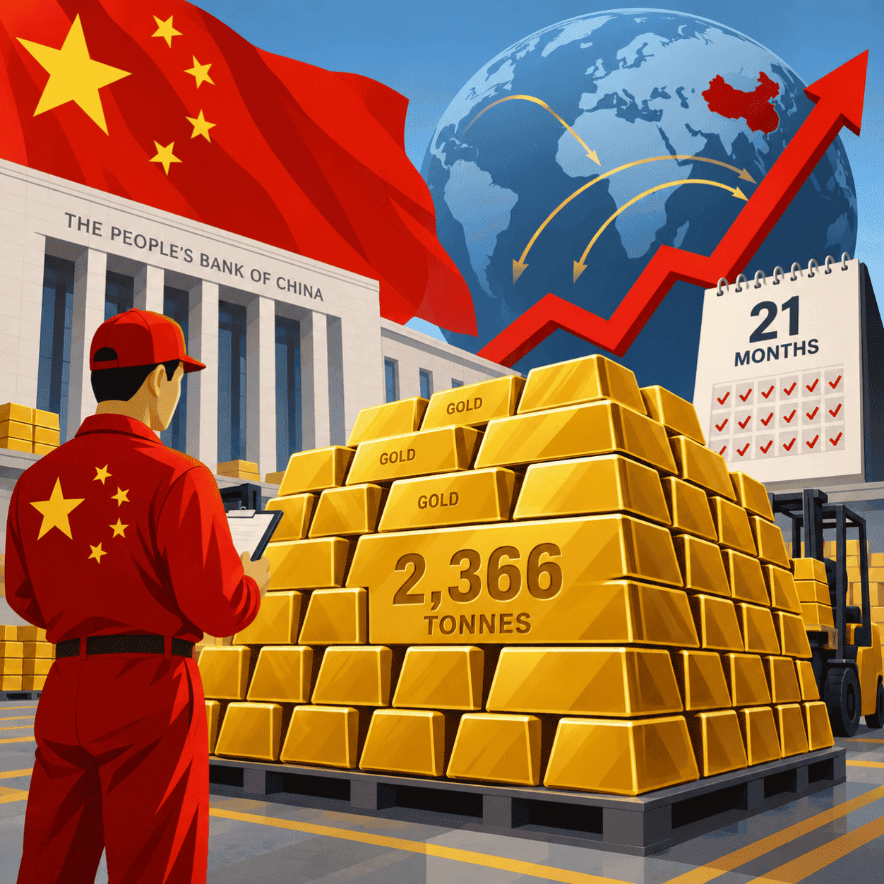 Vector illustration of China increasing its gold reserves to 2366 tonnes over 21 months